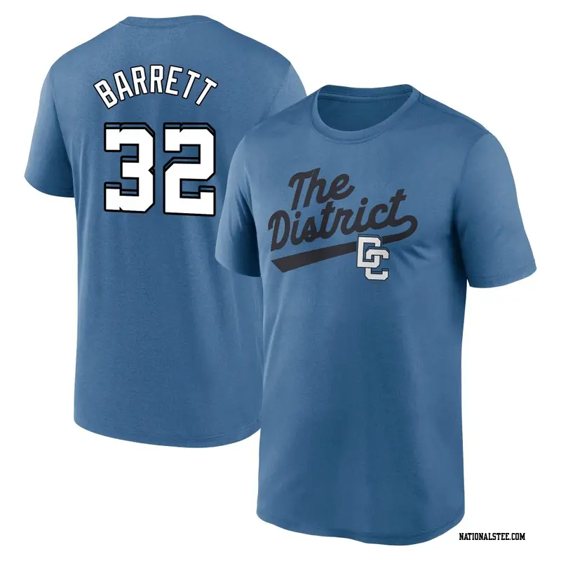 Men's Washington Nationals ＃32 Aaron Barrett Blue 2025 City Connect Fuse Script Team Phrase Performance Name & Number 2.0 T-Shir