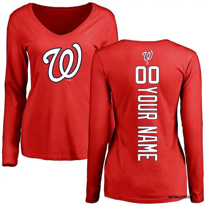 Women's Washington Nationals ＃00 Custom Red Backer Slim Fit Long Sleeve T-Shirt