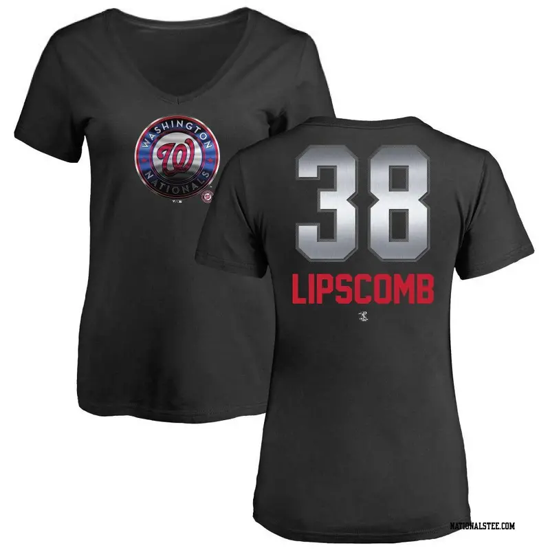 Women's Washington Nationals ＃38 Trey Lipscomb Black Midnight Mascot V-Neck T-Shirt