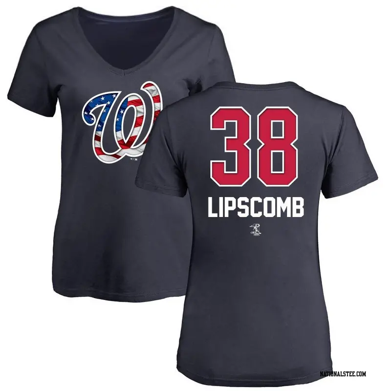 Women's Washington Nationals ＃38 Trey Lipscomb Navy Name and Number Banner Wave V-Neck T-Shirt