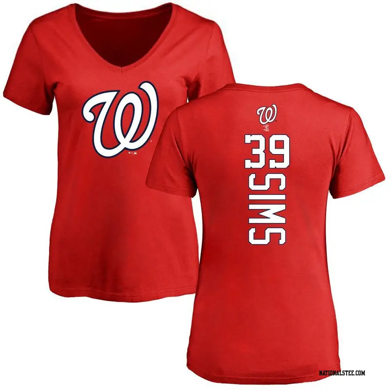 Women's Washington Nationals ＃39 Lucas Sims Red Backer Slim Fit T-Shirt
